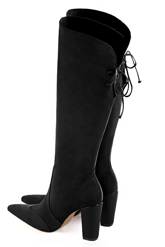 Matt black women's knee-high boots, with laces at the back. Tapered toe. Very high block heels. Made to measure. Rear view - Florence KOOIJMAN